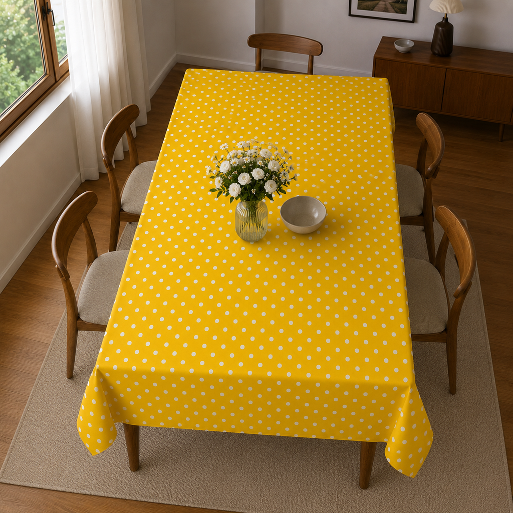 Sarı Puantiyeli Su Geçirmez Duck Kumaş Masa Örtüsü - 120x180 cm