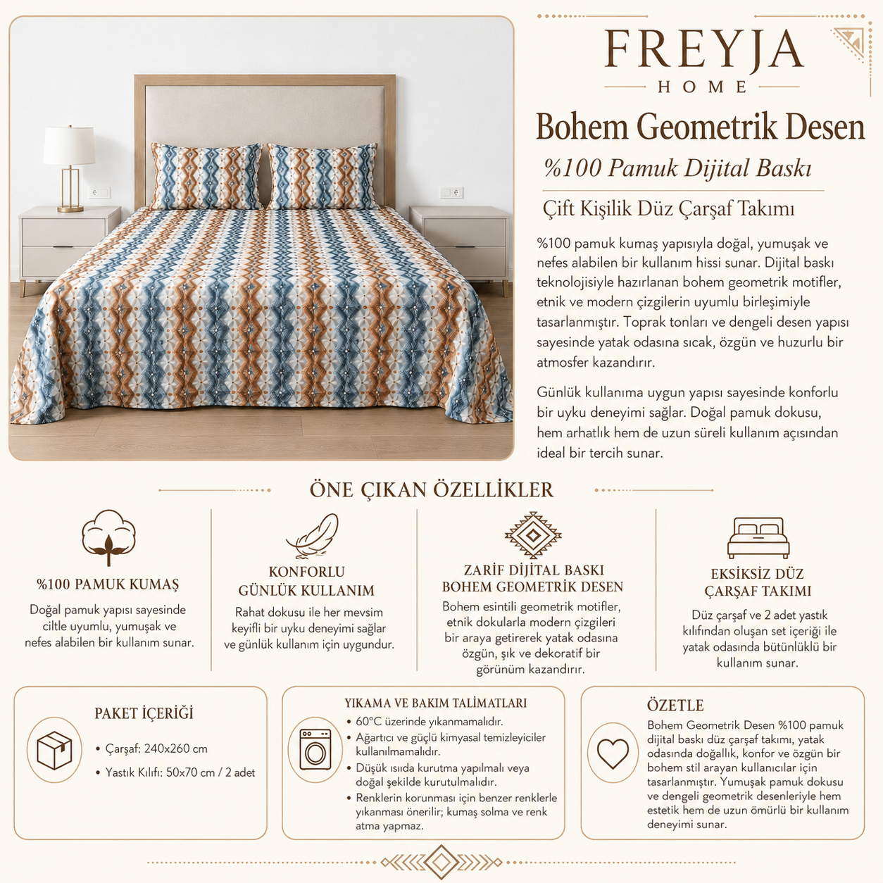 Bohem Geometrik Desen %100 Pamuk Dijital Baskı Çift Kişilik Düz Çarşaf Takımı