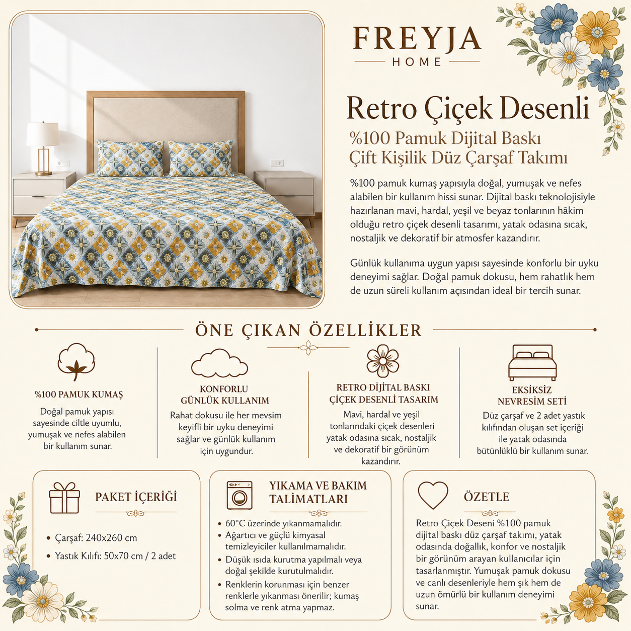 Retro Çiçek Desenli %100 Pamuk Dijital Baskı Çift Kişilik Düz Çarşaf Takımı