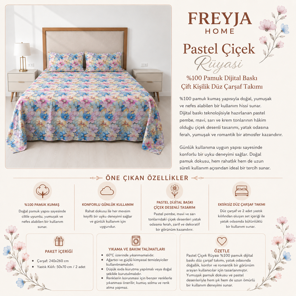 Pastel Çiçek Rüyası Desenli %100 Pamuk Dijital Baskı Çift Kişilik Düz Çarşaf Takımı